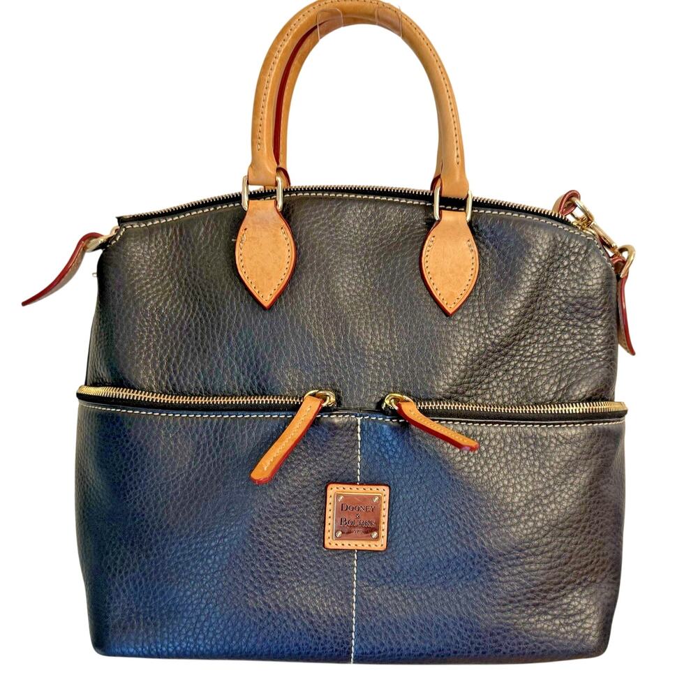 Dooney & Bourke Dillen Leather Double Pocket Satchel Tan Trim Zip Top GUC Flaw